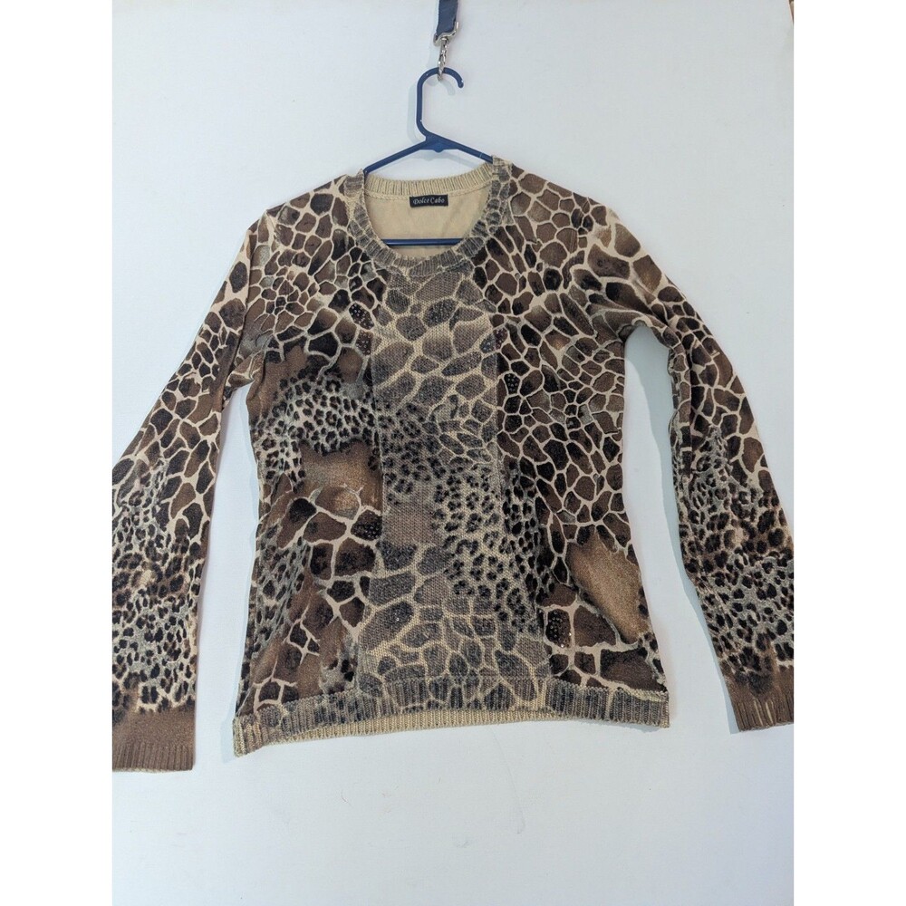 Dolce Cabo Women's Chain Sweater Brown Animal Print Embellished Size M/L
